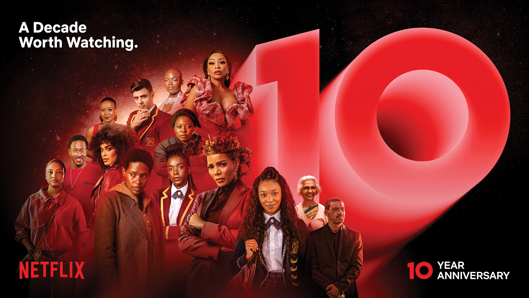 Netflix's South Africa anniversary artwork with a red number ten and an ensemble cast montage.