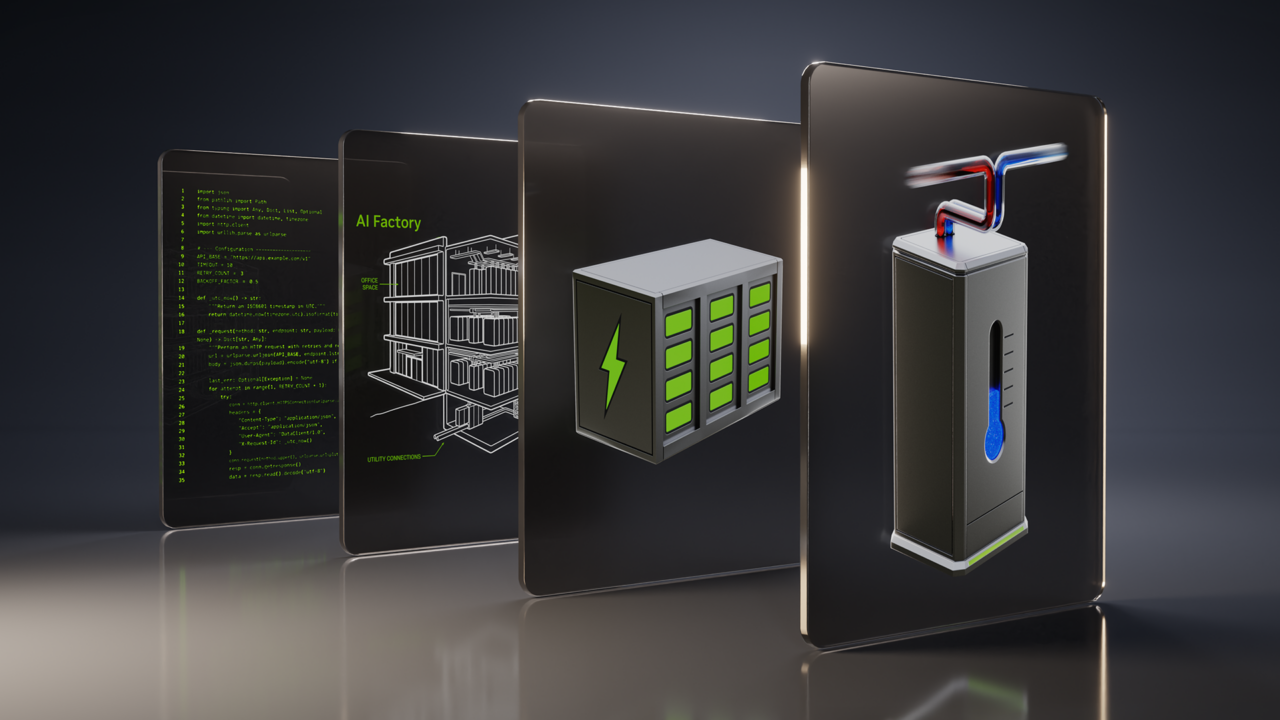 Official NVIDIA illustration showing AI-factory design, battery storage and a liquid-cooling unit.
